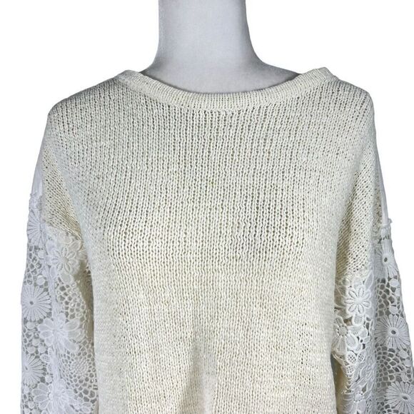 White + Warren Medium  White Floral Lace Sleeve Pullover Sweater Women’s - Picture 2 of 13
